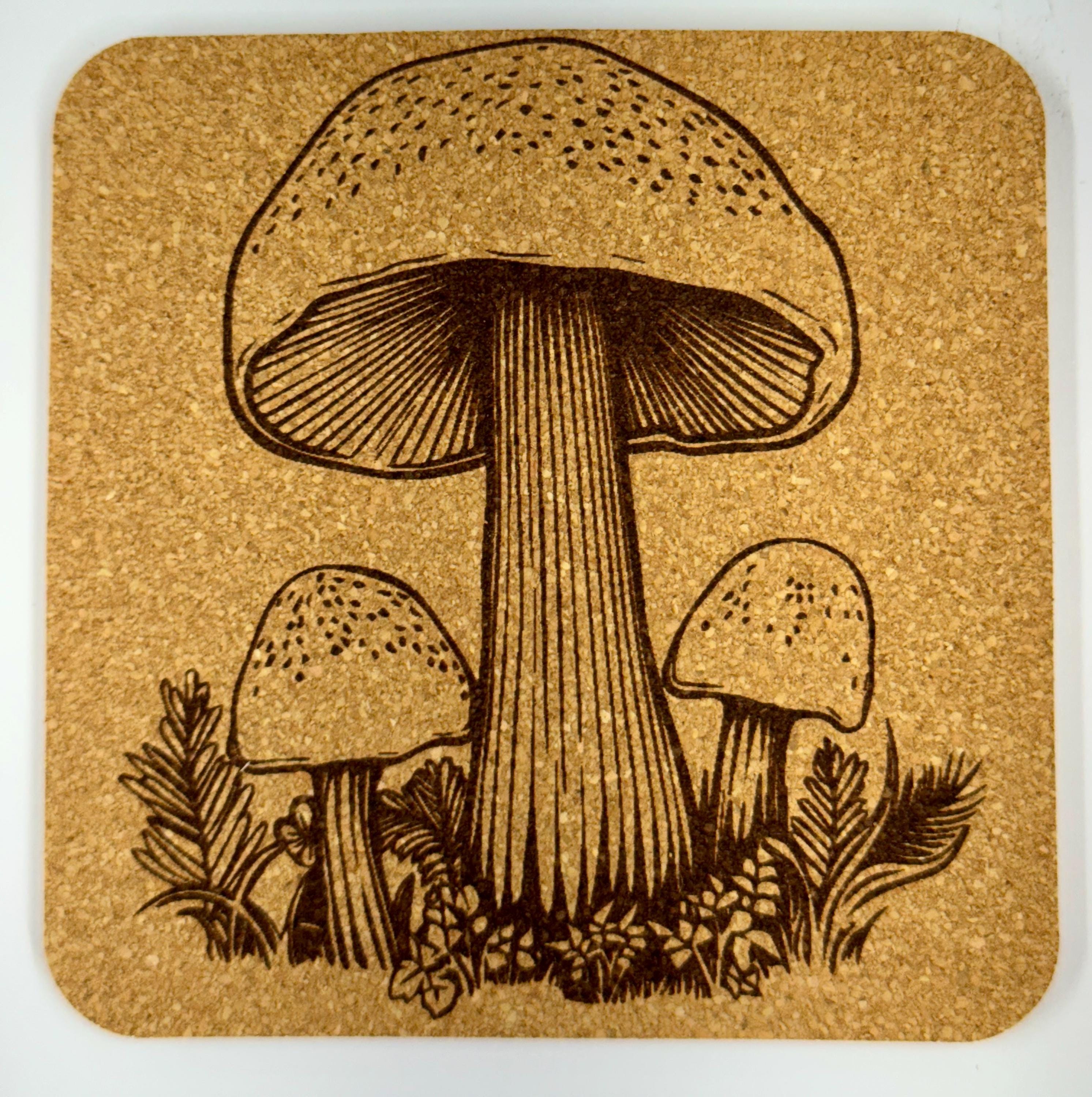 Woodland Mushroom Coaster Set of 4 – Laser Engraved Cork Drink Coasters