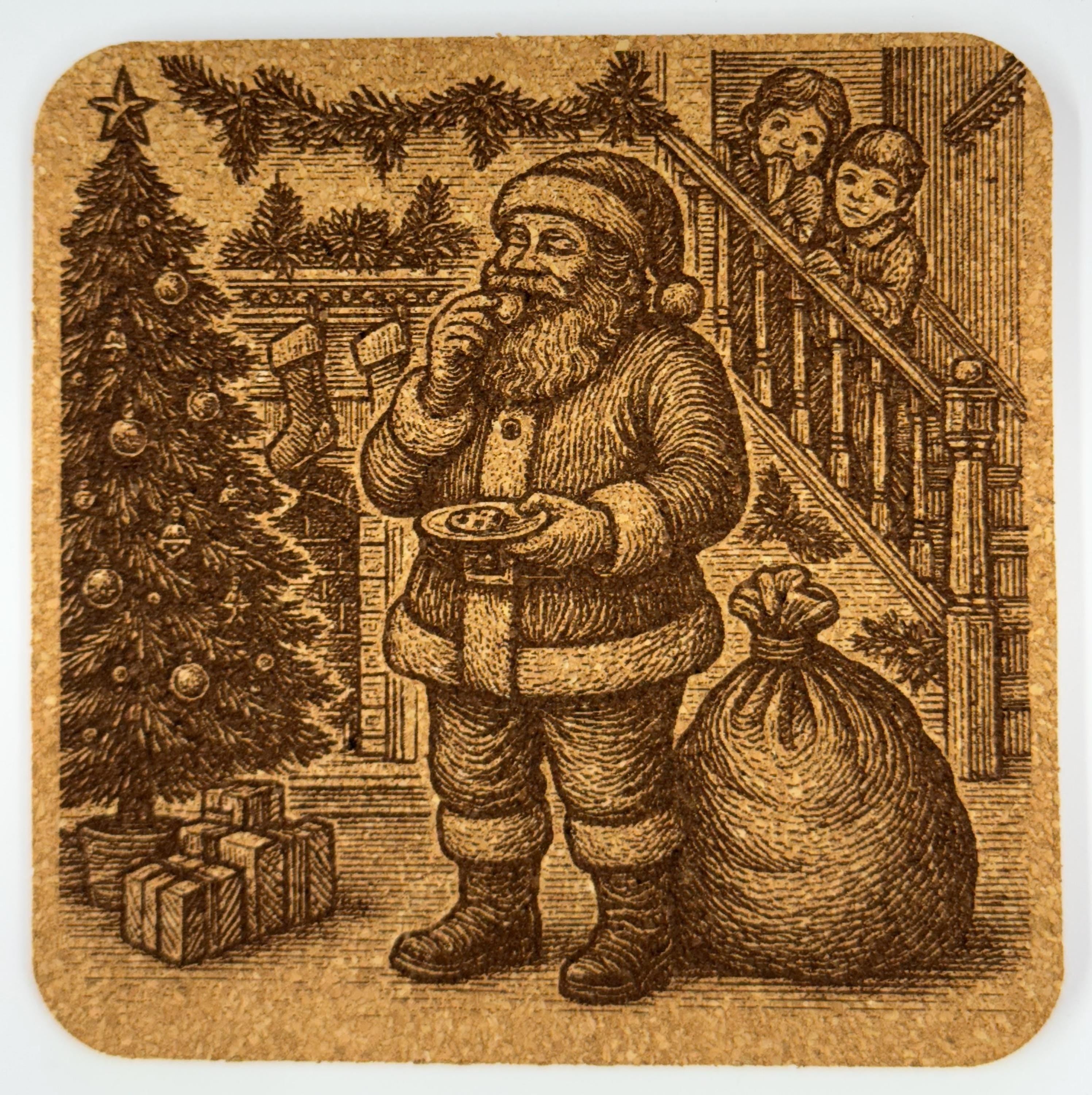 Vintage Santa Claus Christmas Coaster Set – 4 Laser-Engraved Cork Coasters