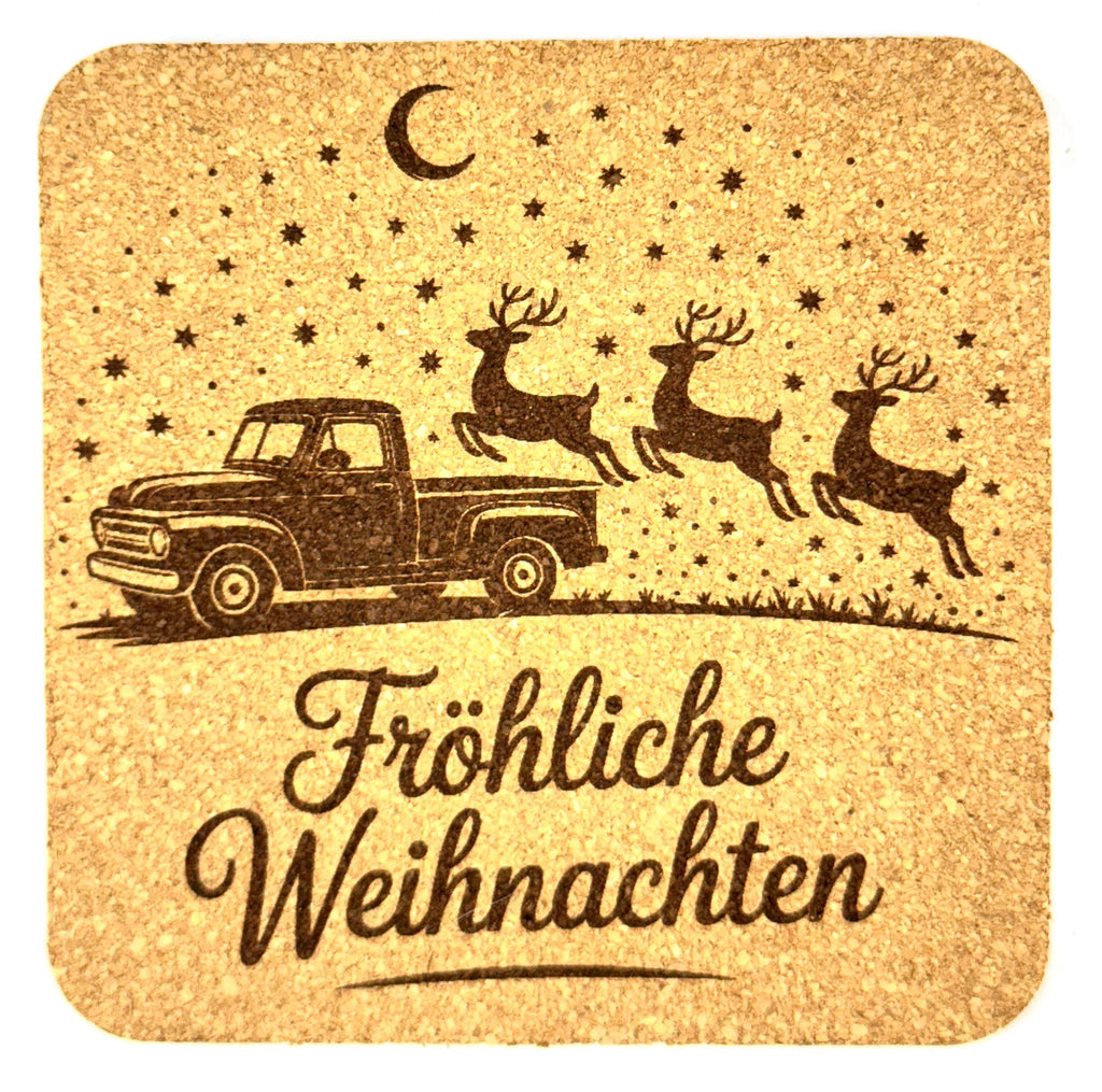 Frohe Weihnachten Laser Engraved Set of 4 German Christmas Cork Coasters