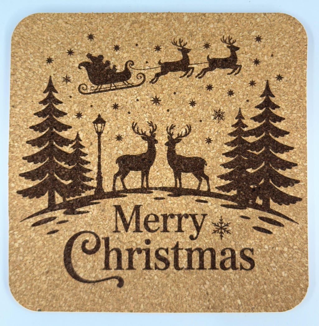 Rustic Christmas Coasters – Set of 4 – Farmhouse Holiday Cork Drink Coaster Set