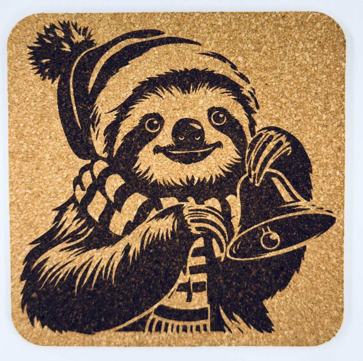 Christmas Sloth Coaster Set – 4 Festive Laser Engraved Cork Drink Coasters