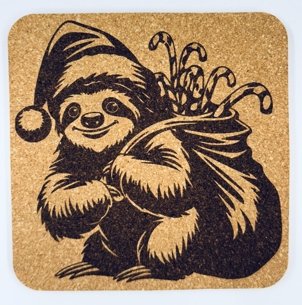 Christmas Sloth Coaster Set – 4 Festive Laser Engraved Cork Drink Coasters