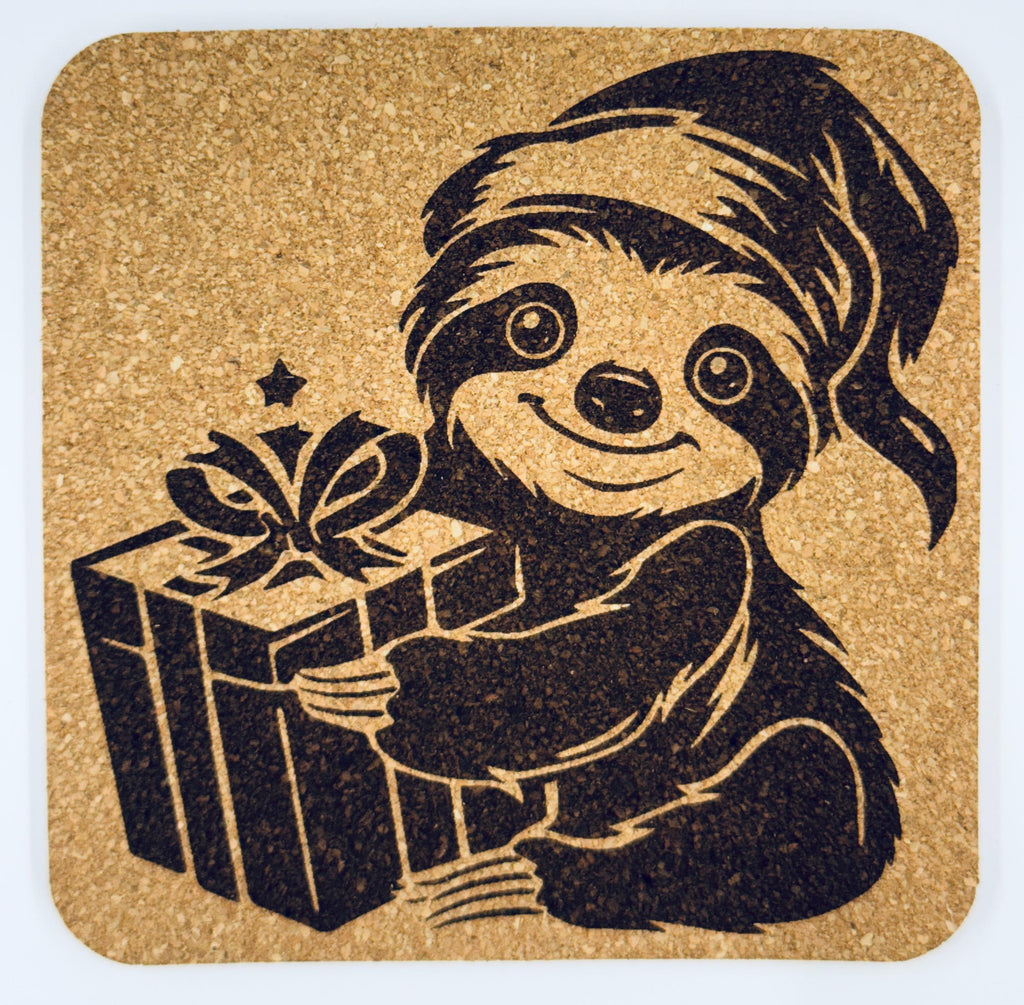 Christmas Sloth Coaster Set – 4 Festive Laser Engraved Cork Drink Coasters