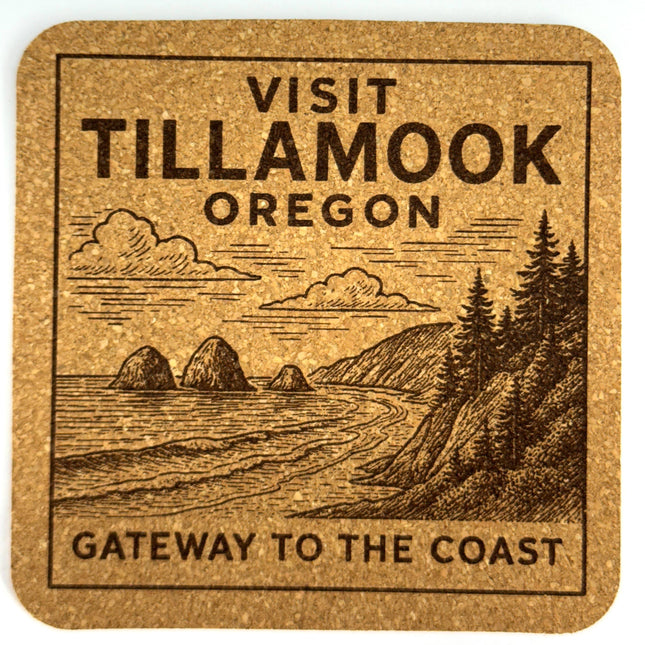 Tillamook Oregon Cork Coaster Set – Vintage Travel Poster Style – 4 Pack