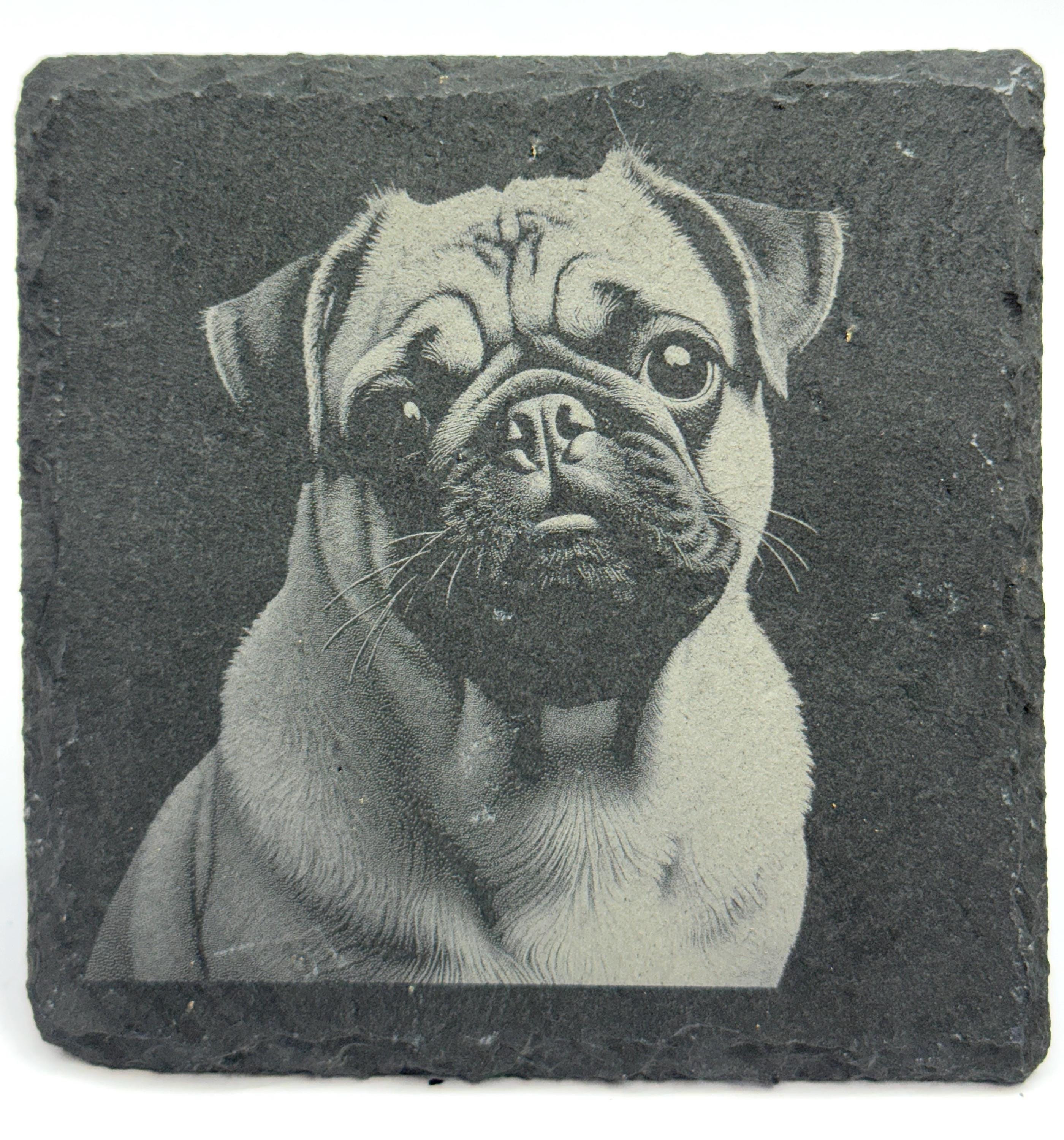 Pug Slate Coasters - Set of 4 Laser Engraved