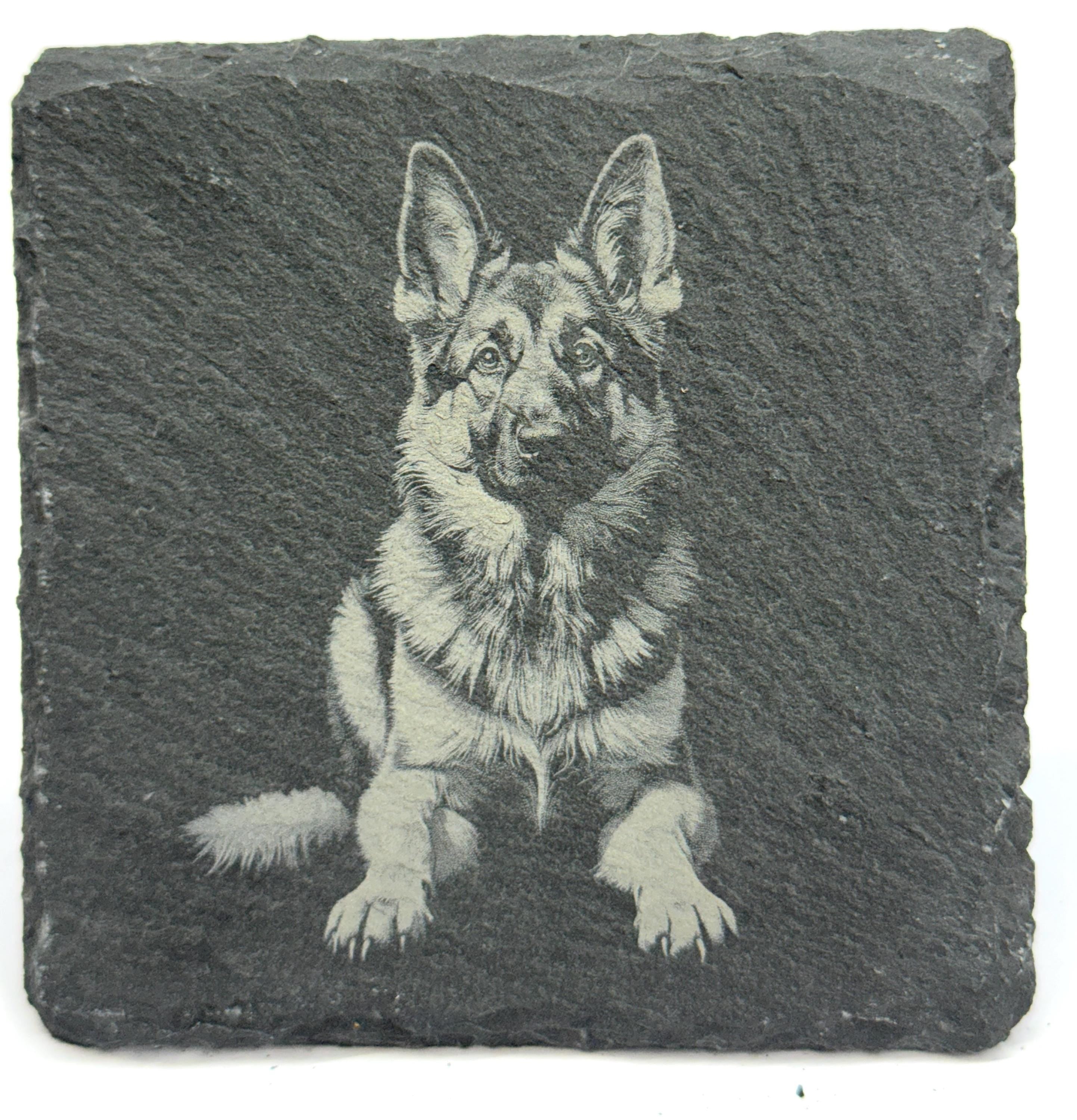 German Shepherd Laser Engraved Slate Coaster Set of 4