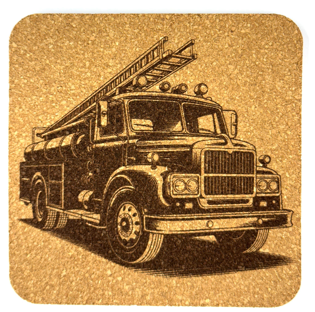 Firefighter Coaster Set of 4 – Laser Engraved Fire Truck Designs on Cork