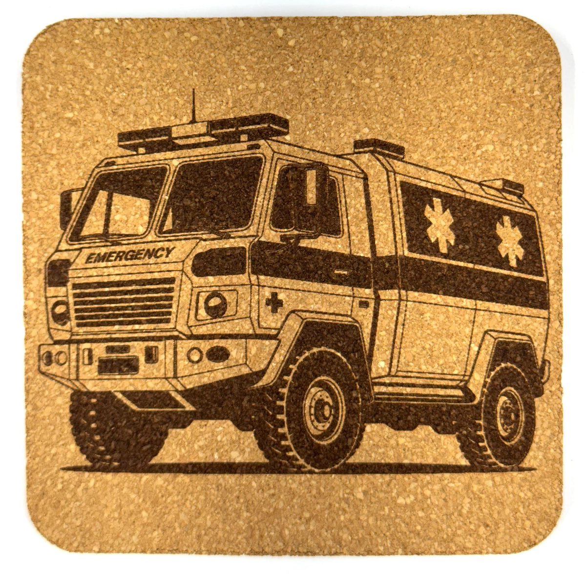 Firefighter Coaster Set of 4 – Laser Engraved Fire Truck Designs on Cork