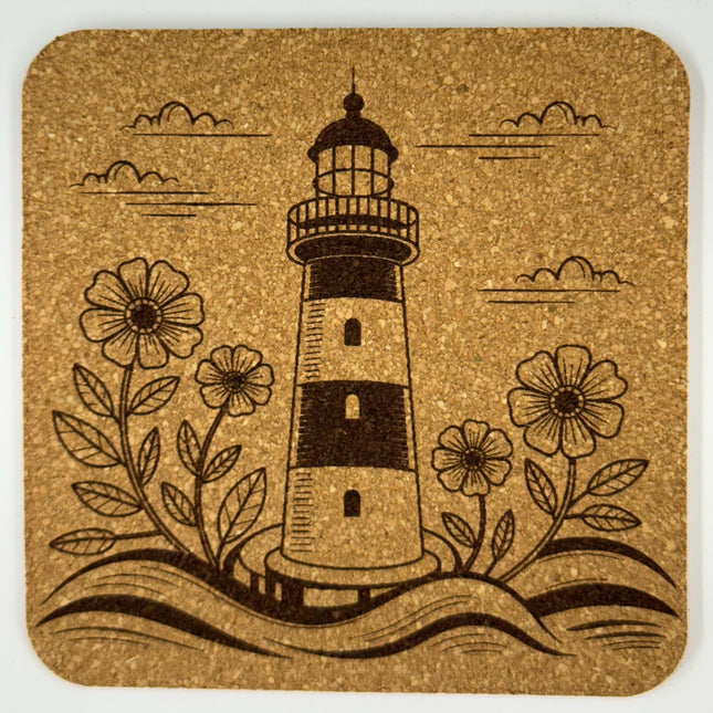 Lighthouse Cork Coaster Set – Floral Coastal Decor – Laser Engraved 4-Pack