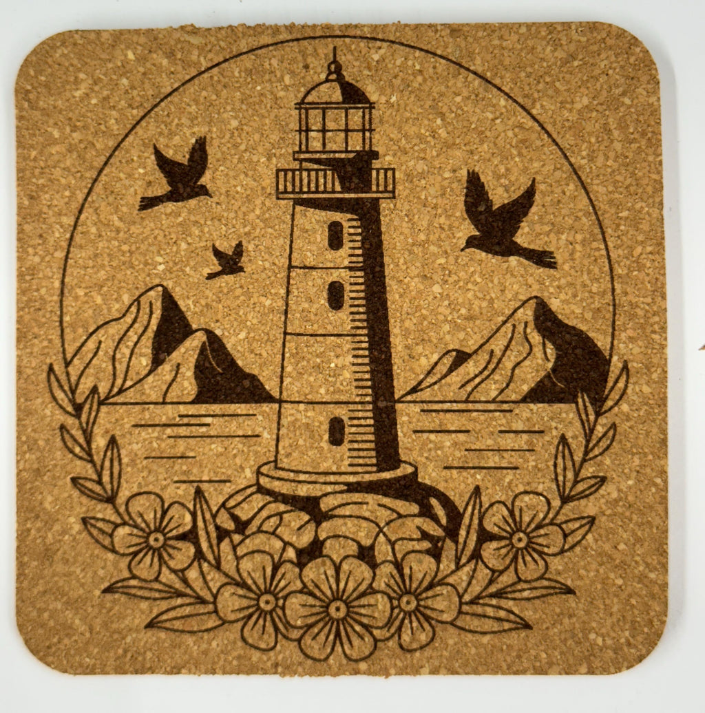 Lighthouse Cork Coaster Set – Floral Coastal Decor – Laser Engraved 4-Pack