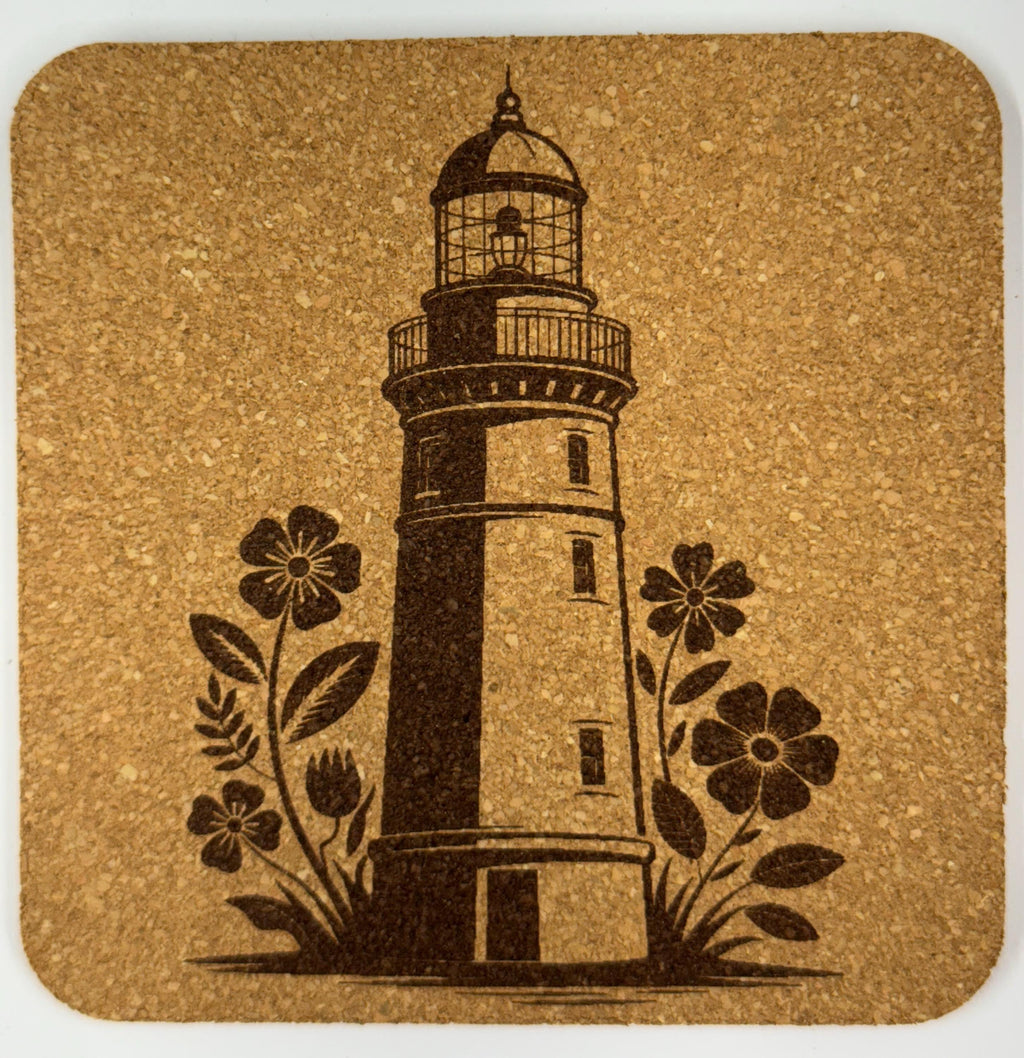 Lighthouse Cork Coaster Set – Floral Coastal Decor – Laser Engraved 4-Pack
