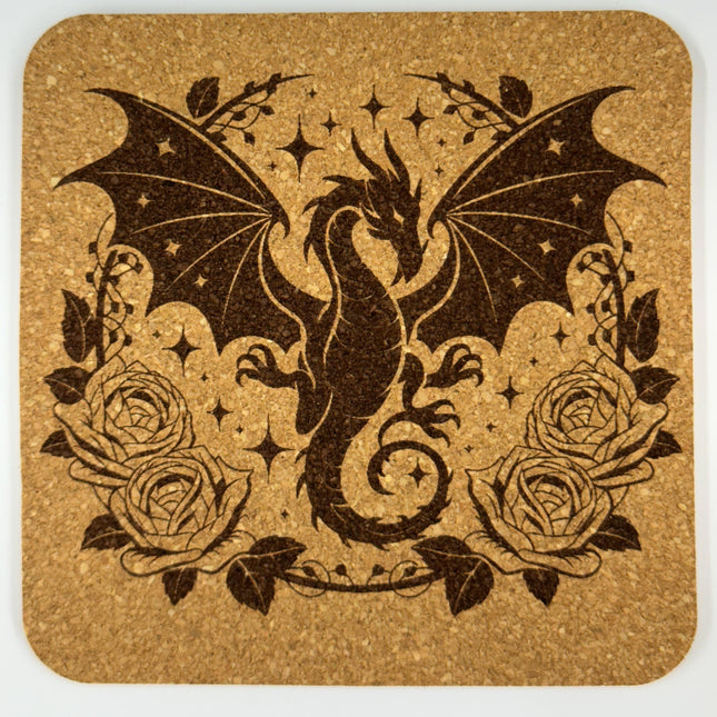 Dragon Cork Coaster Set – Fantasy Floral Engraved 4-Pack – Mythical Creature Home Decor