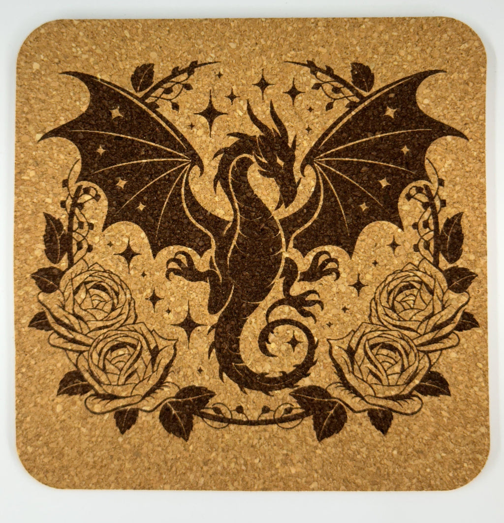 Dragon Cork Coaster Set – Fantasy Floral Engraved 4-Pack – Mythical Creature Home Decor