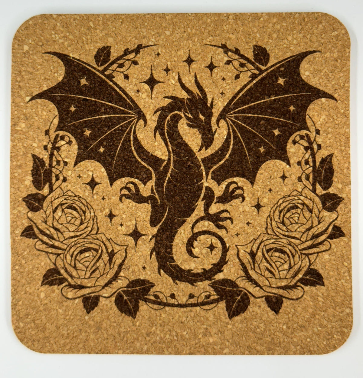 Dragon Cork Coaster Set – Fantasy Floral Engraved 4-Pack – Mythical Creature Home Decor