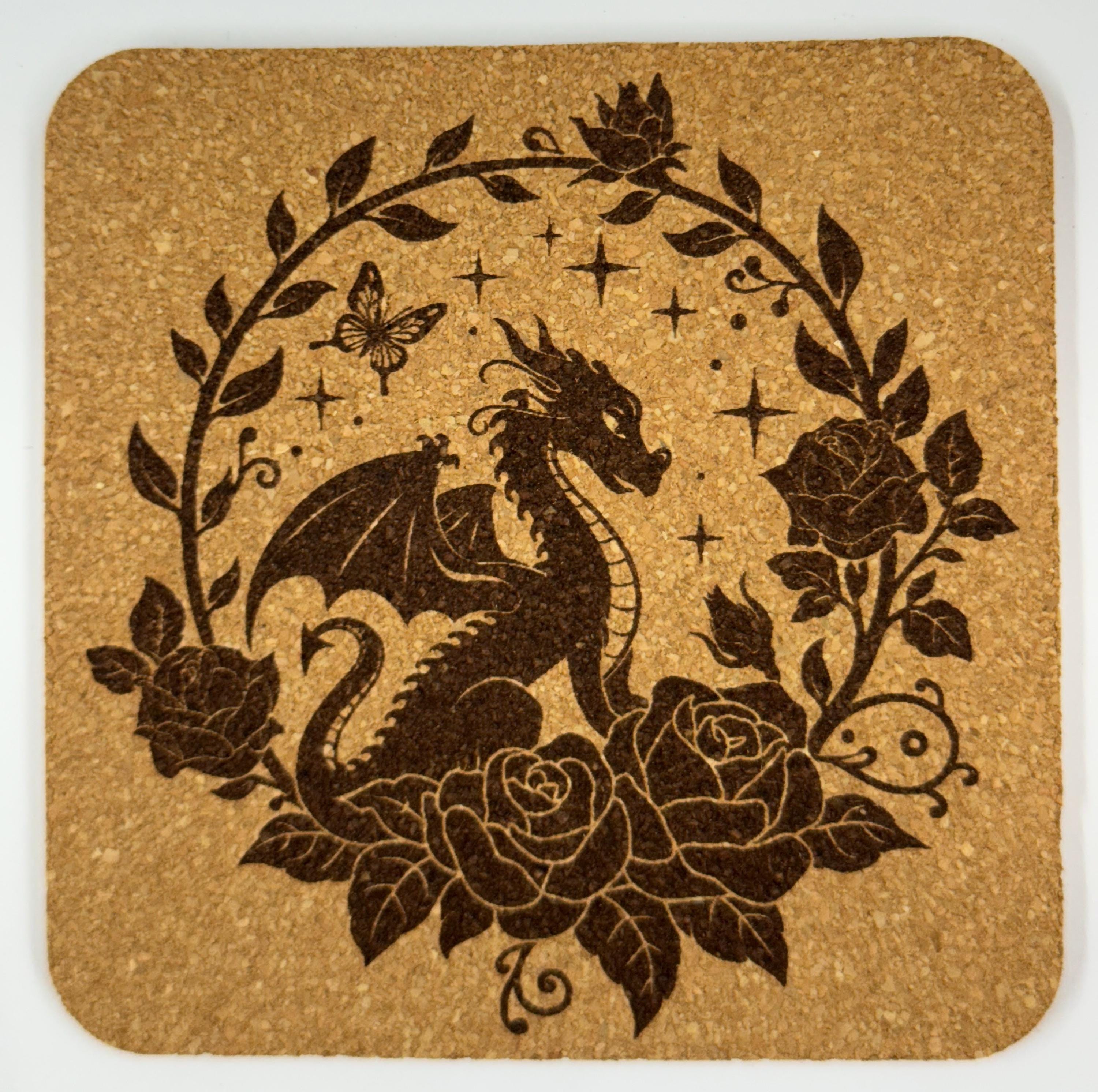 Dragon Cork Coaster Set – Fantasy Floral Engraved 4-Pack – Mythical Creature Home Decor