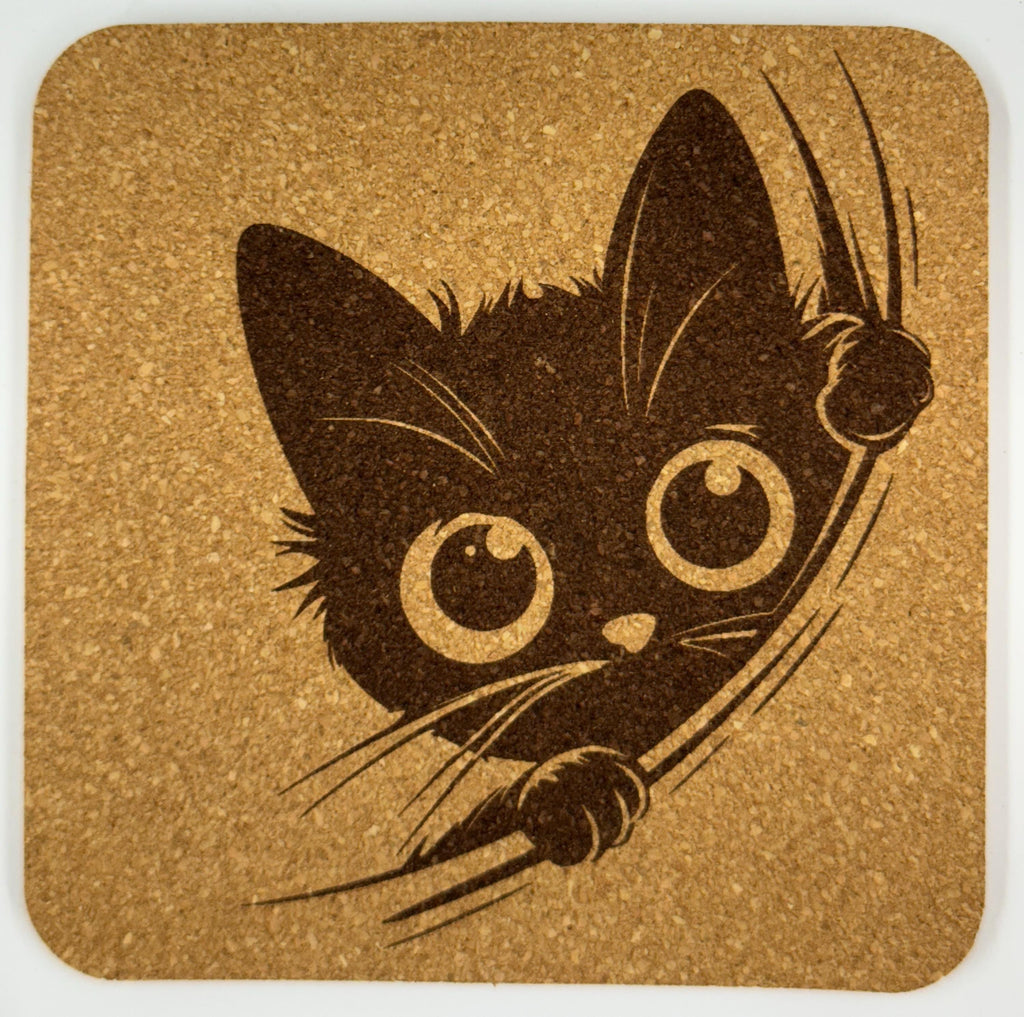 Peeking Cat Cork Coaster Set #1 – Adorable Laser Engraved Kitty Designs – 4-Pack