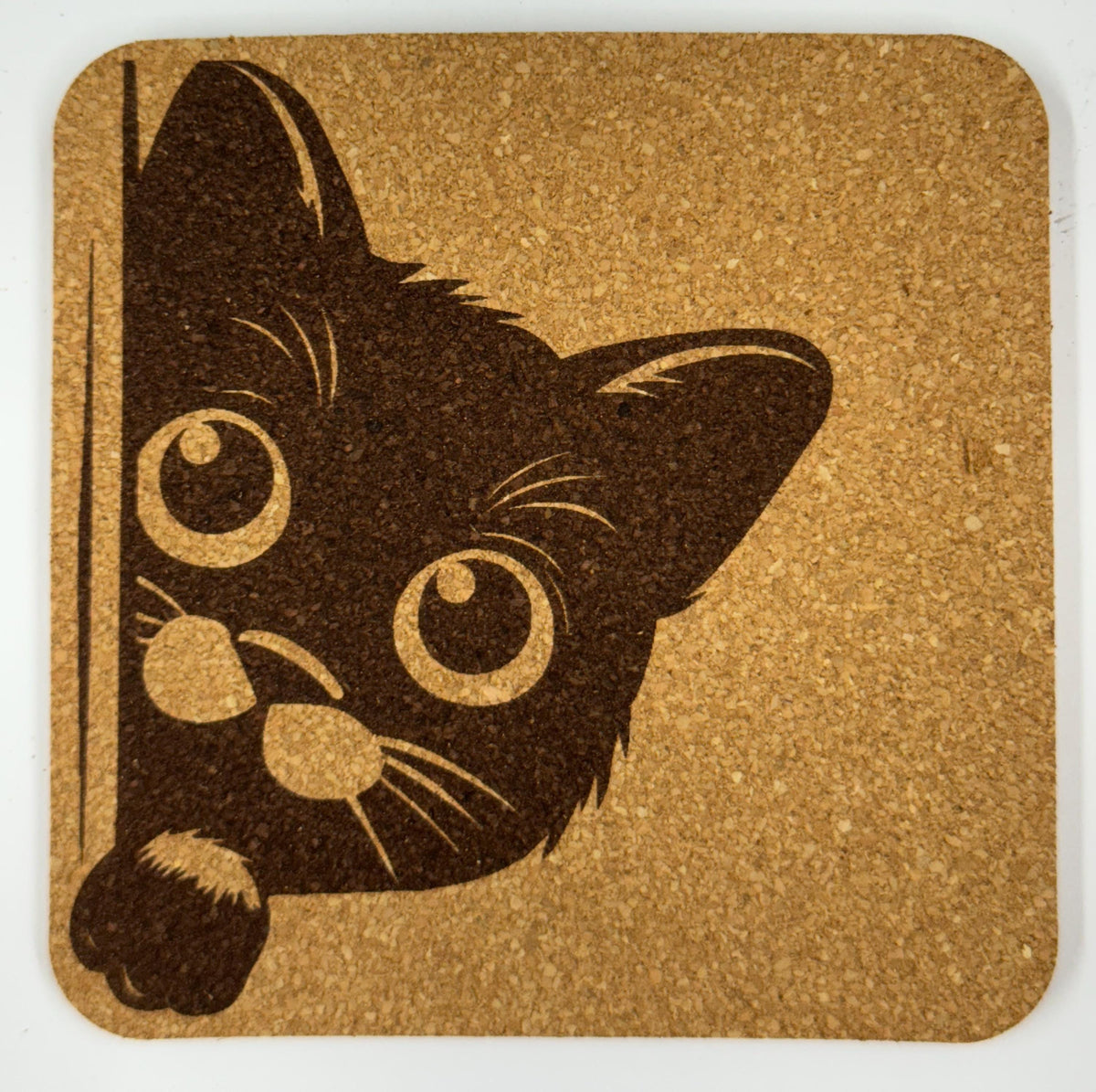 Peeking Cat Cork Coaster Set #1 – Adorable Laser Engraved Kitty Designs – 4-Pack