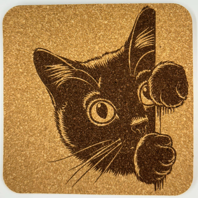 Peeking Cat Cork Coaster Set #2 – Adorable Laser Engraved Kitty Designs – 4-Pack