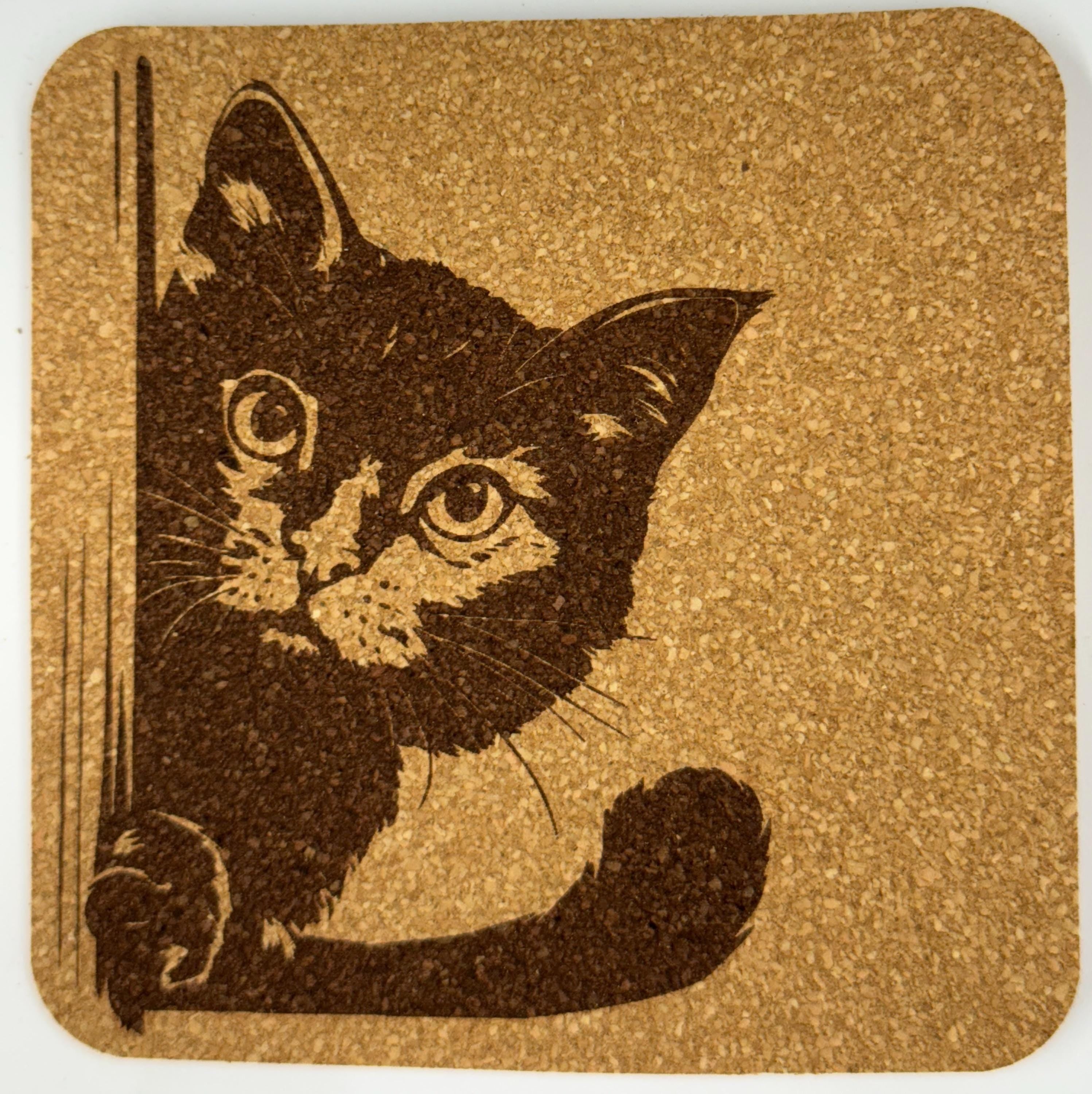 Peeking Cat Cork Coaster Set #2 – Adorable Laser Engraved Kitty Designs – 4-Pack