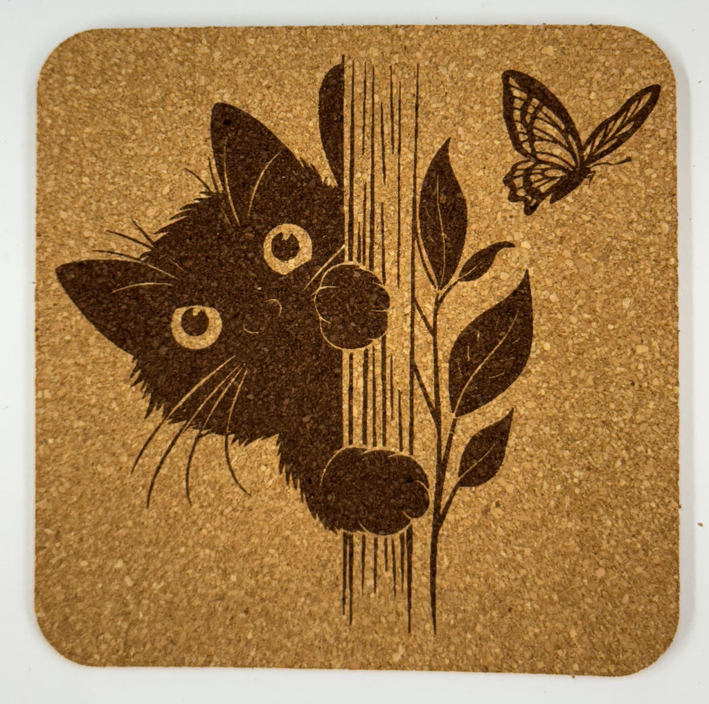Peeking Cat Cork Coaster Set #2 – Adorable Laser Engraved Kitty Designs – 4-Pack