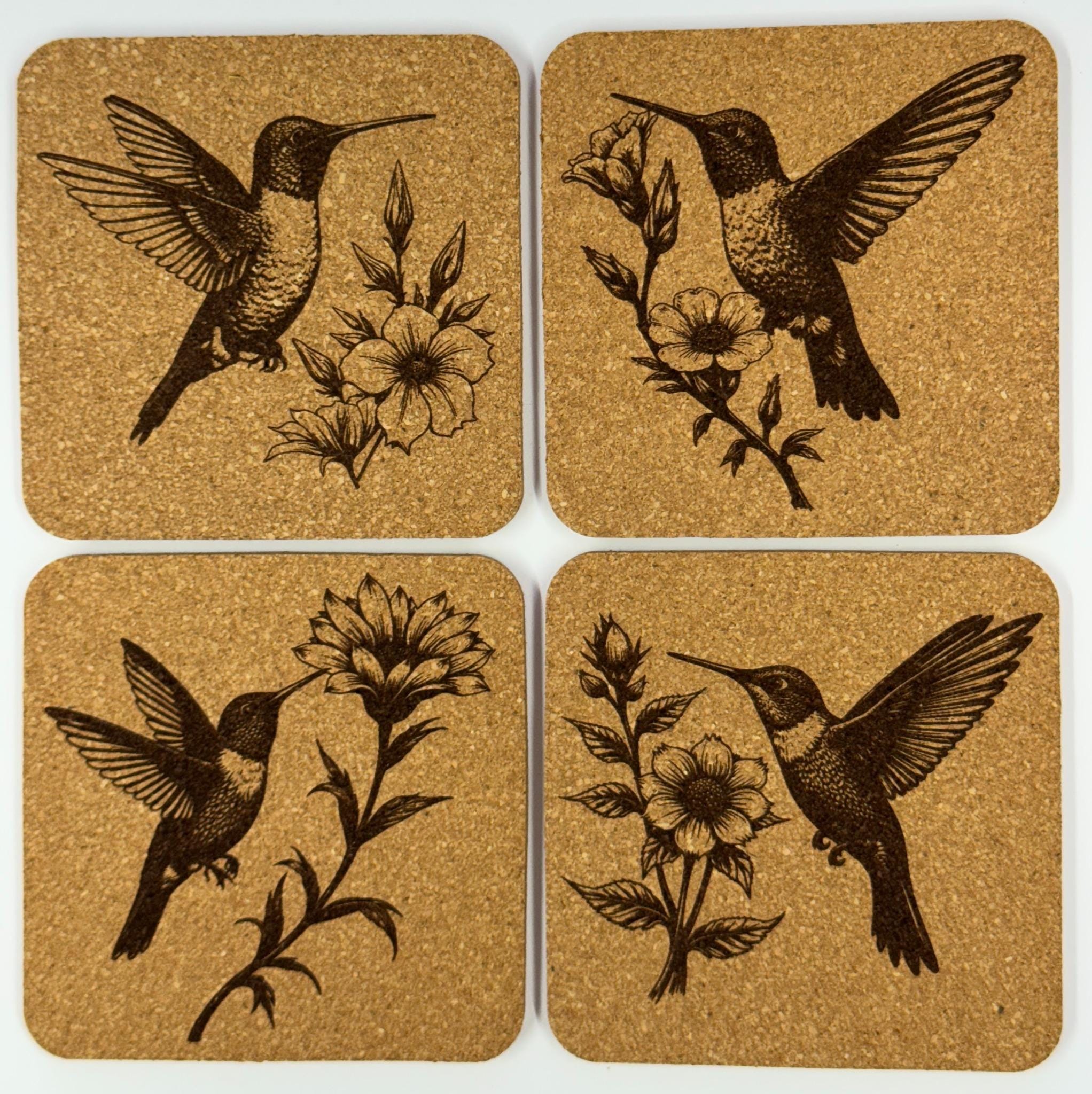 Hummingbird and Wildflower Cork Coaster Set – Laser Engraved 4-Piece Nature Drink Coasters