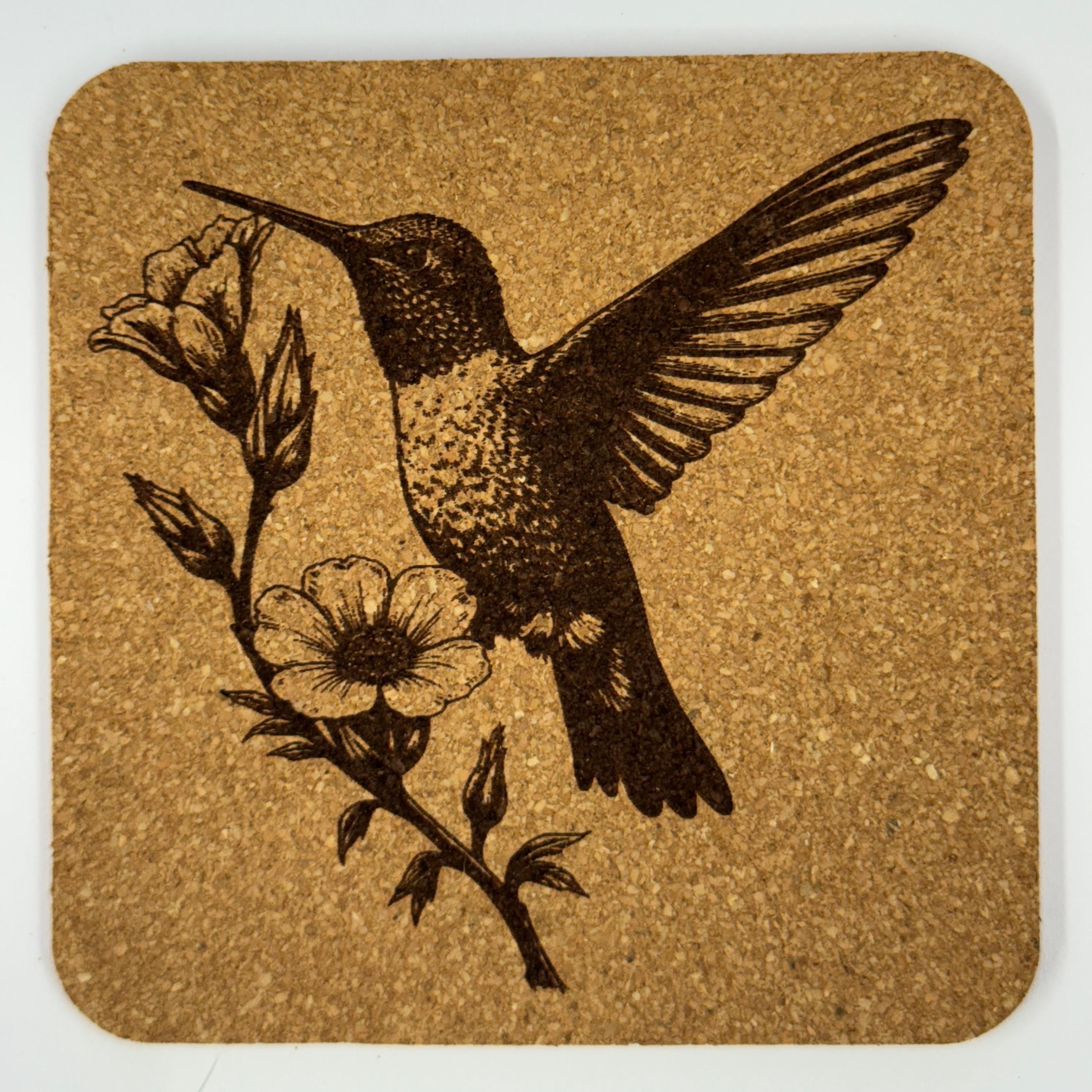 Hummingbird and Wildflower Cork Coaster Set – Laser Engraved 4-Piece Nature Drink Coasters