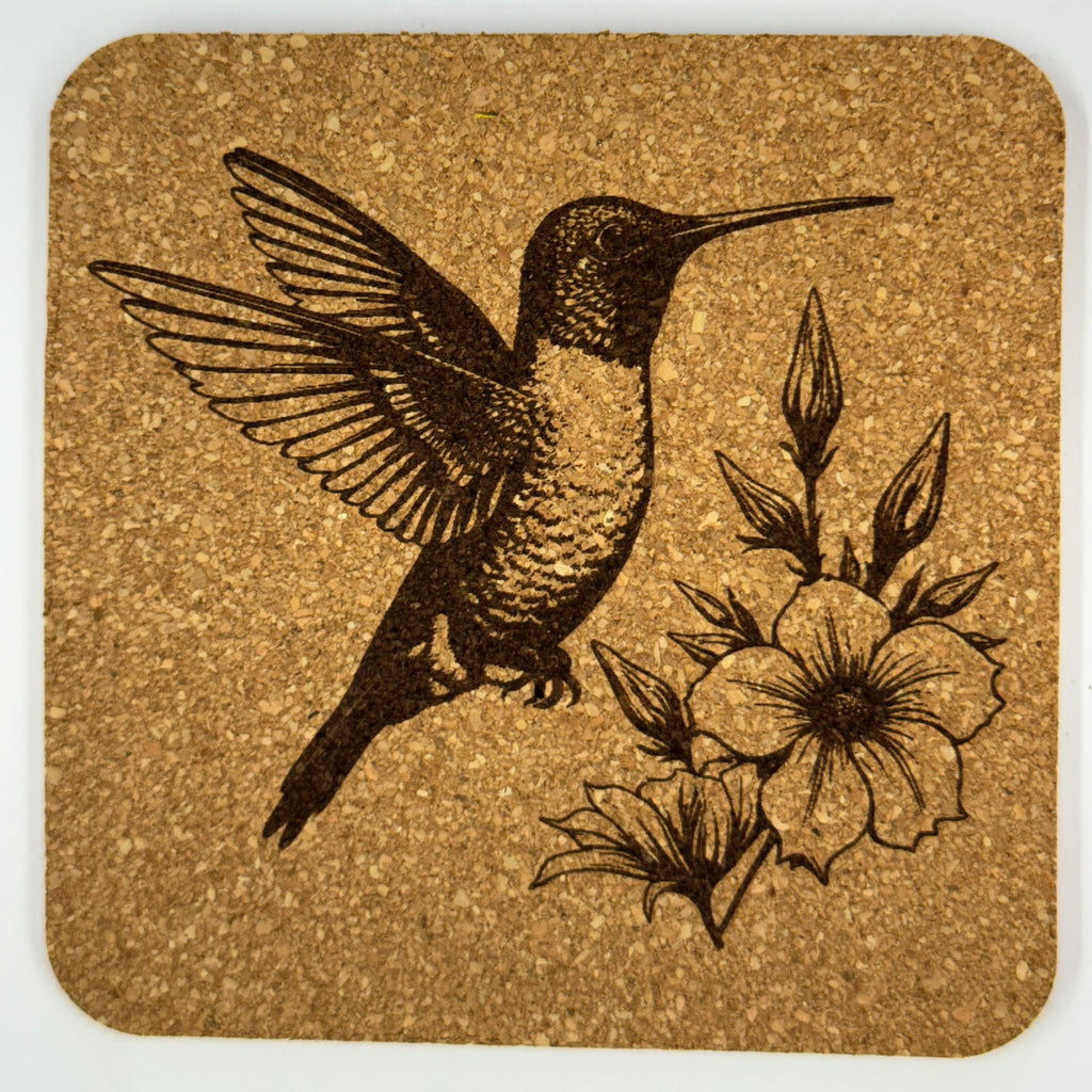 Hummingbird and Wildflower Cork Coaster Set – Laser Engraved 4-Piece Nature Drink Coasters