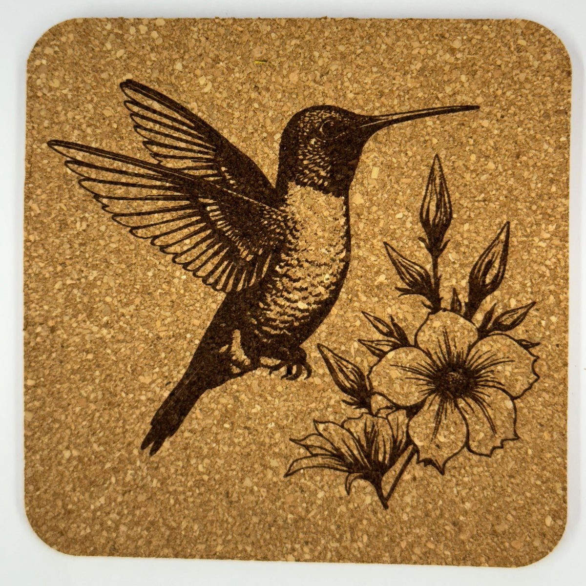 Hummingbird and Wildflower Cork Coaster Set – Laser Engraved 4-Piece Nature Drink Coasters