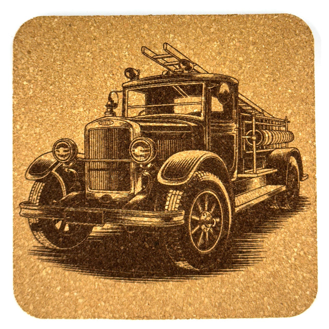 Firefighter Coaster Set of 4 – Laser Engraved Fire Truck Designs on Cork