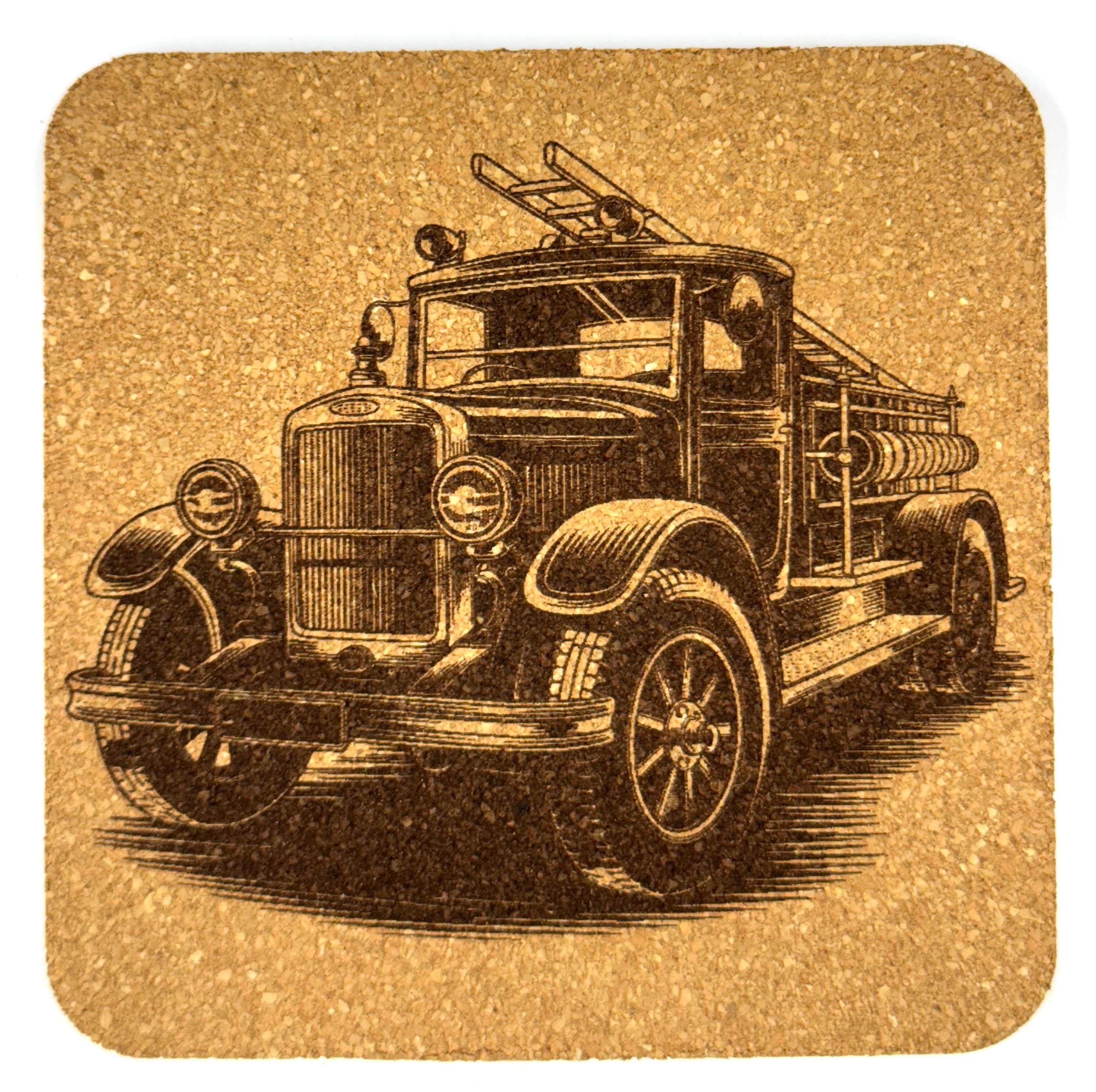 Firefighter Coaster Set of 4 – Laser Engraved Fire Truck Designs on Cork