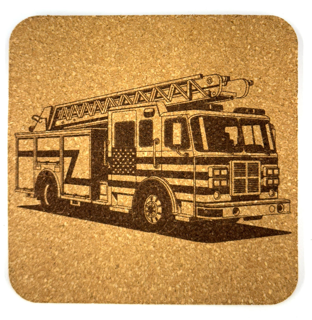 Firefighter Coaster Set of 4 – Laser Engraved Fire Truck Designs on Cork