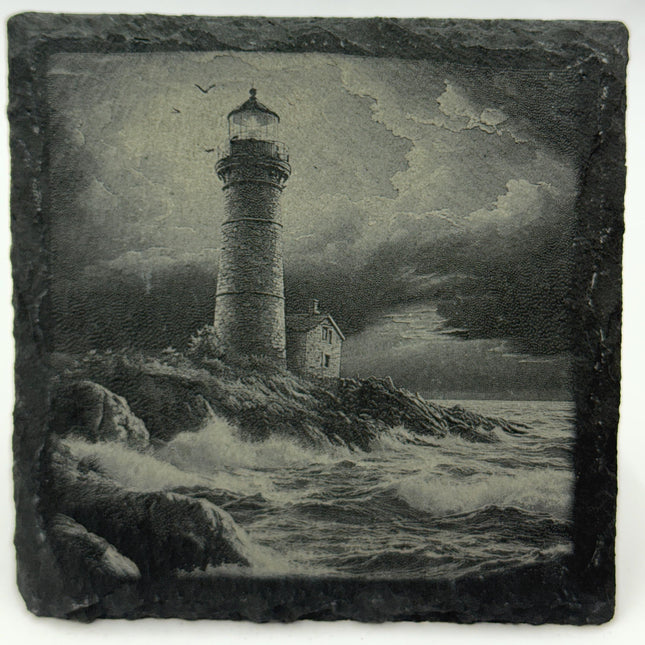 Stormy Lighthouse Slate Coaster Set – Engraved Coastal Weather Designs (4 Pack)