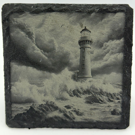 Stormy Lighthouse Slate Coaster Set – Engraved Coastal Weather Designs (4 Pack)