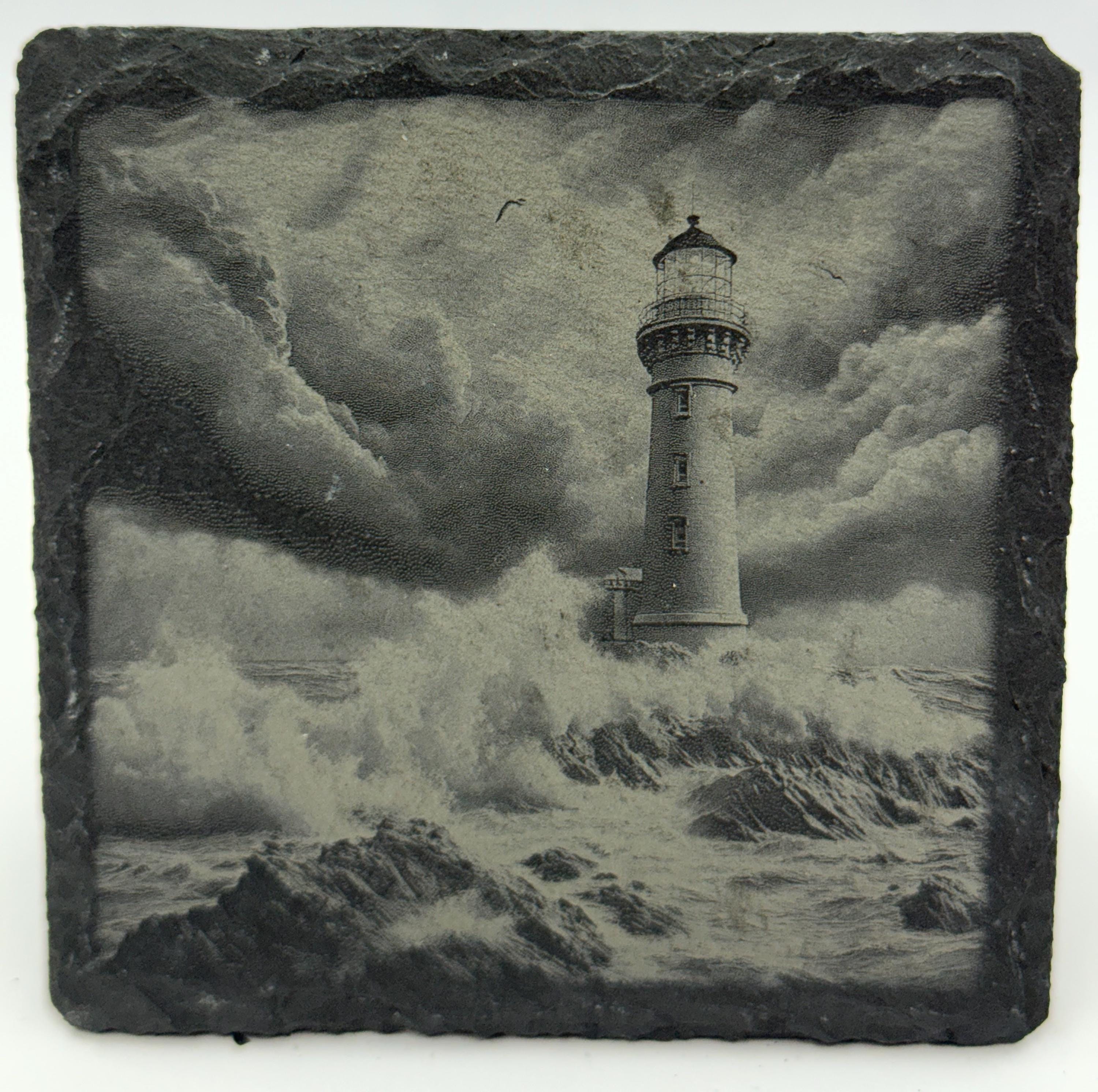 Stormy Lighthouse Slate Coaster Set – Engraved Coastal Weather Designs (4 Pack)