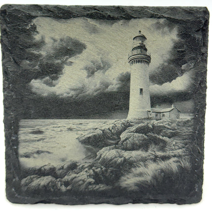 Stormy Lighthouse Slate Coaster Set – Engraved Coastal Weather Designs (4 Pack)