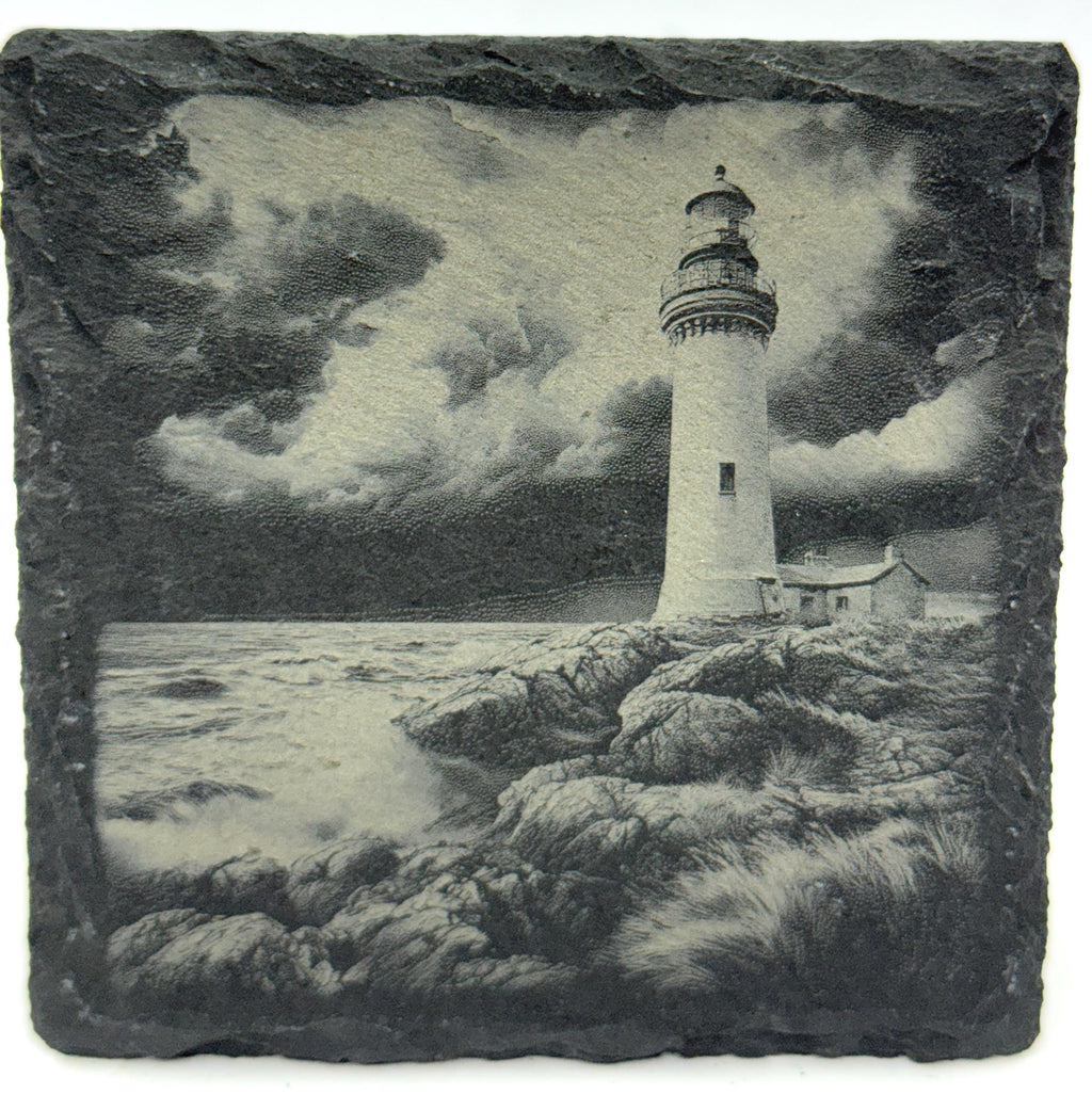 Stormy Lighthouse Slate Coaster Set – Engraved Coastal Weather Designs (4 Pack)