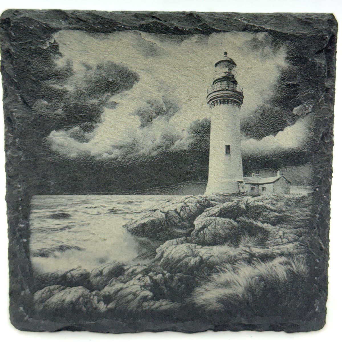 Stormy Lighthouse Slate Coaster Set – Engraved Coastal Weather Designs (4 Pack)