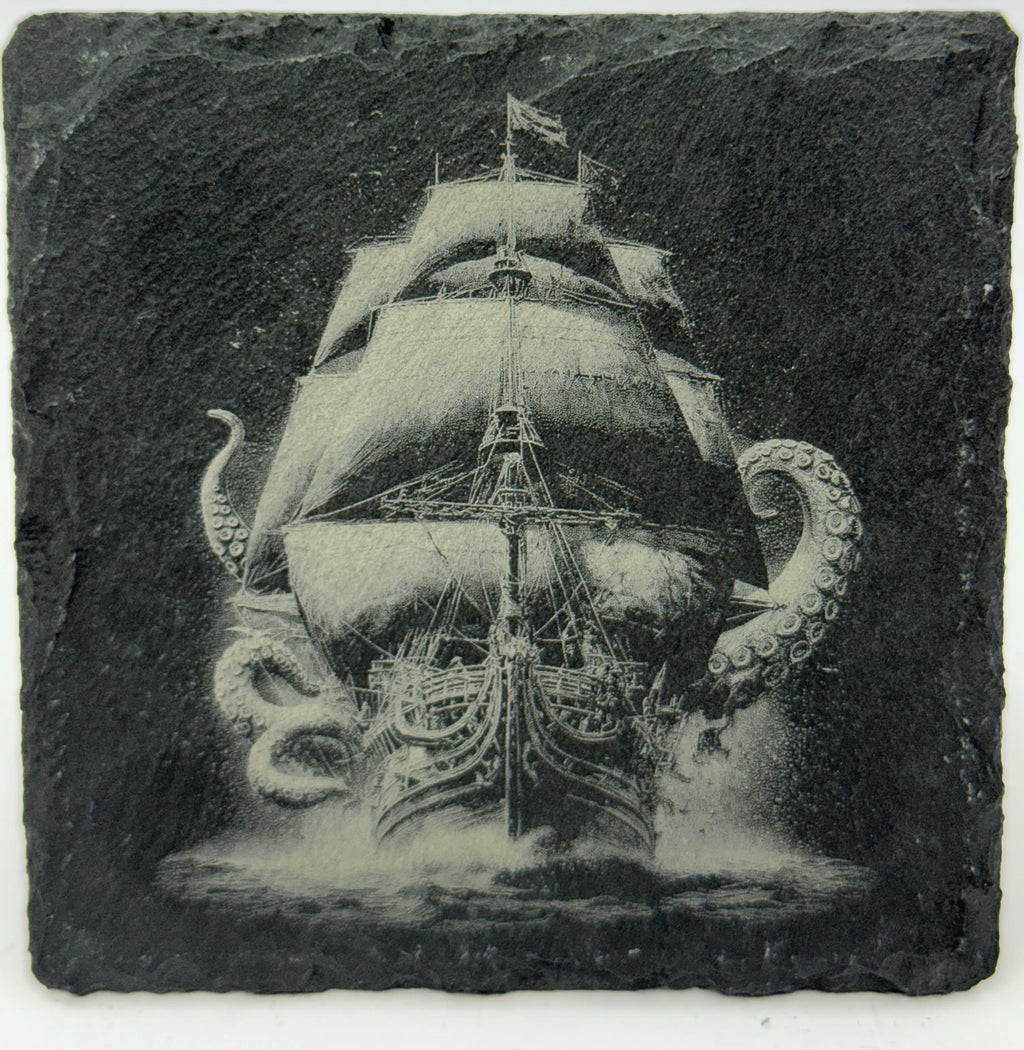 Pirate Ship & Kraken Slate Coaster Set – Engraved Nautical Sea Monster Art (4 Pack)