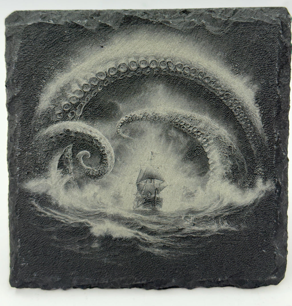 Pirate Ship & Kraken Slate Coaster Set – Engraved Nautical Sea Monster Art (4 Pack)