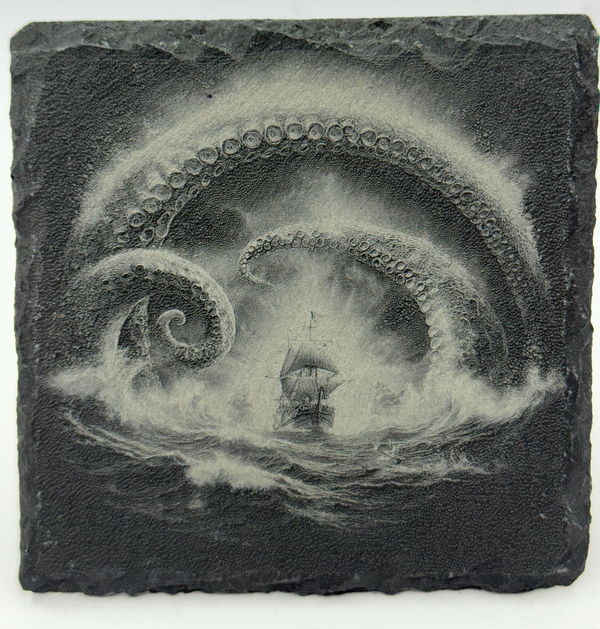 Pirate Ship & Kraken Slate Coaster Set – Engraved Nautical Sea Monster Art (4 Pack)