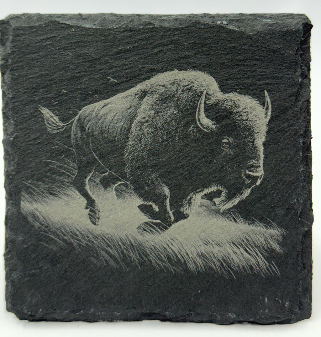 Majestic Bison Slate Coaster Set – Engraved Buffalo Wildlife Art (4 Pack)