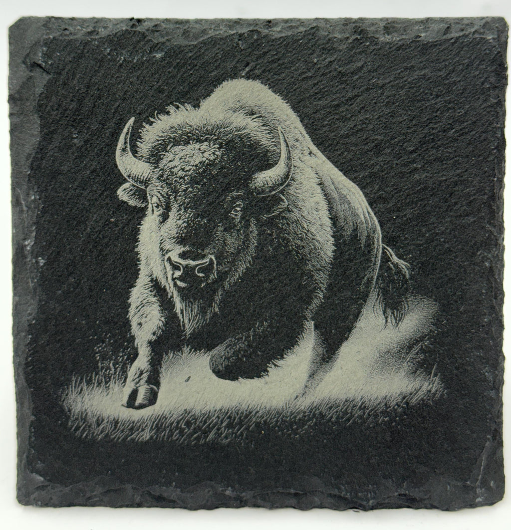 Majestic Bison Slate Coaster Set – Engraved Buffalo Wildlife Art (4 Pack)