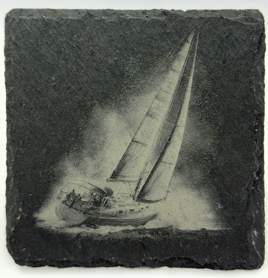 Sailboat Slate Coaster Set – Engraved Nautical Sailing Art (4 Pack)