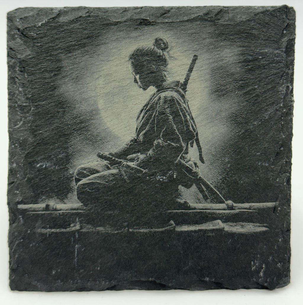Japanese Warrior Slate Coaster Set – Engraved Feudal Japan Art (4 Pack)