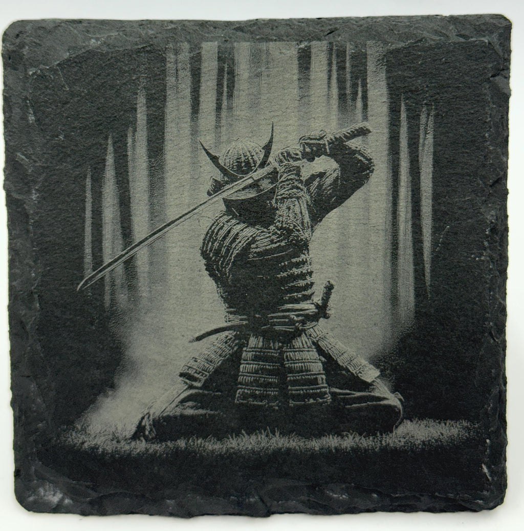 Japanese Warrior Slate Coaster Set – Engraved Feudal Japan Art (4 Pack)