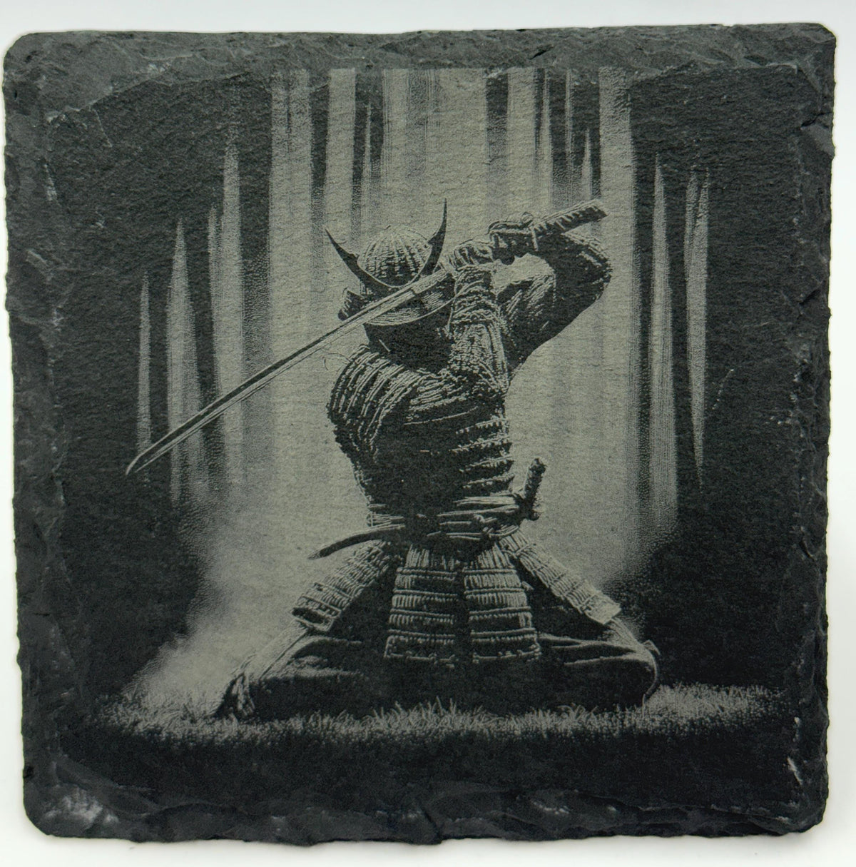 Japanese Warrior Slate Coaster Set – Engraved Feudal Japan Art (4 Pack)