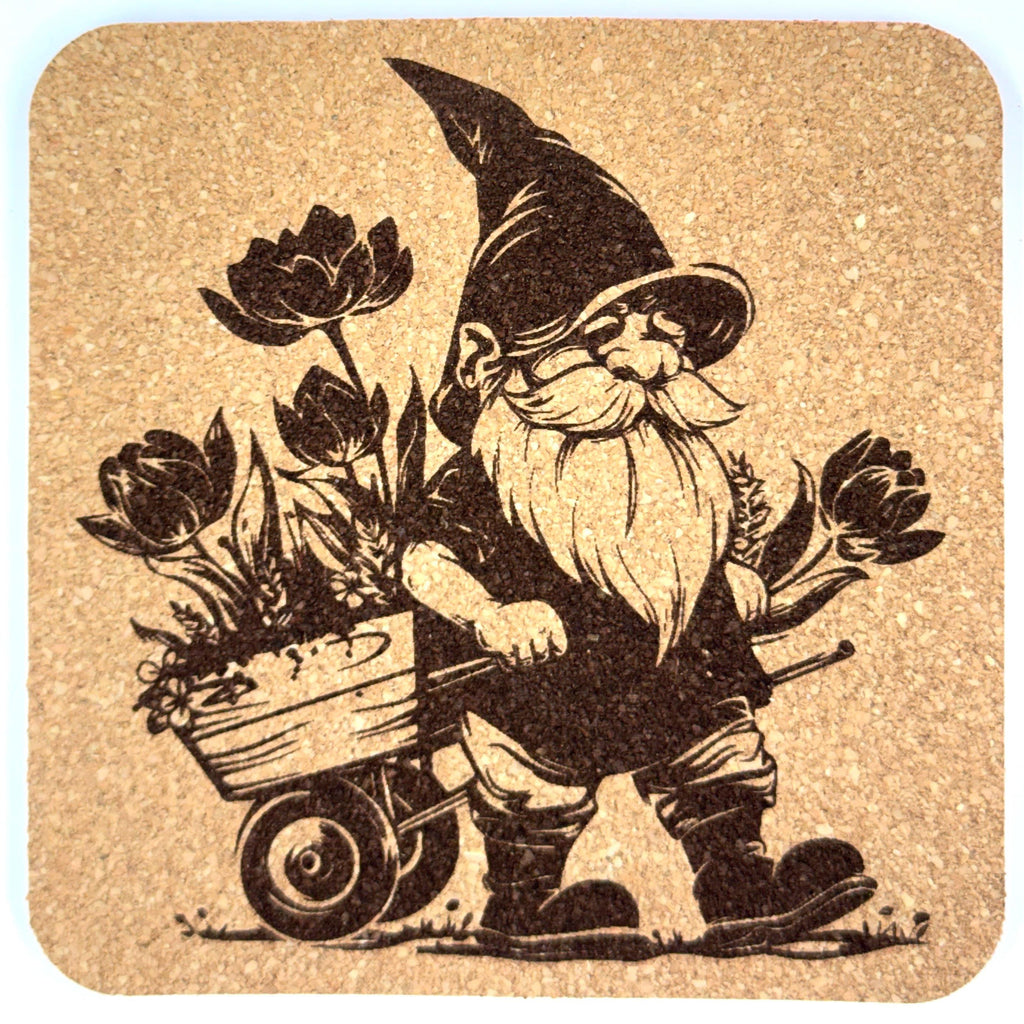 Garden Gnome Cork Coasters Set of 4 – Farming & Flower Cart Gnomes, Laser Engraved