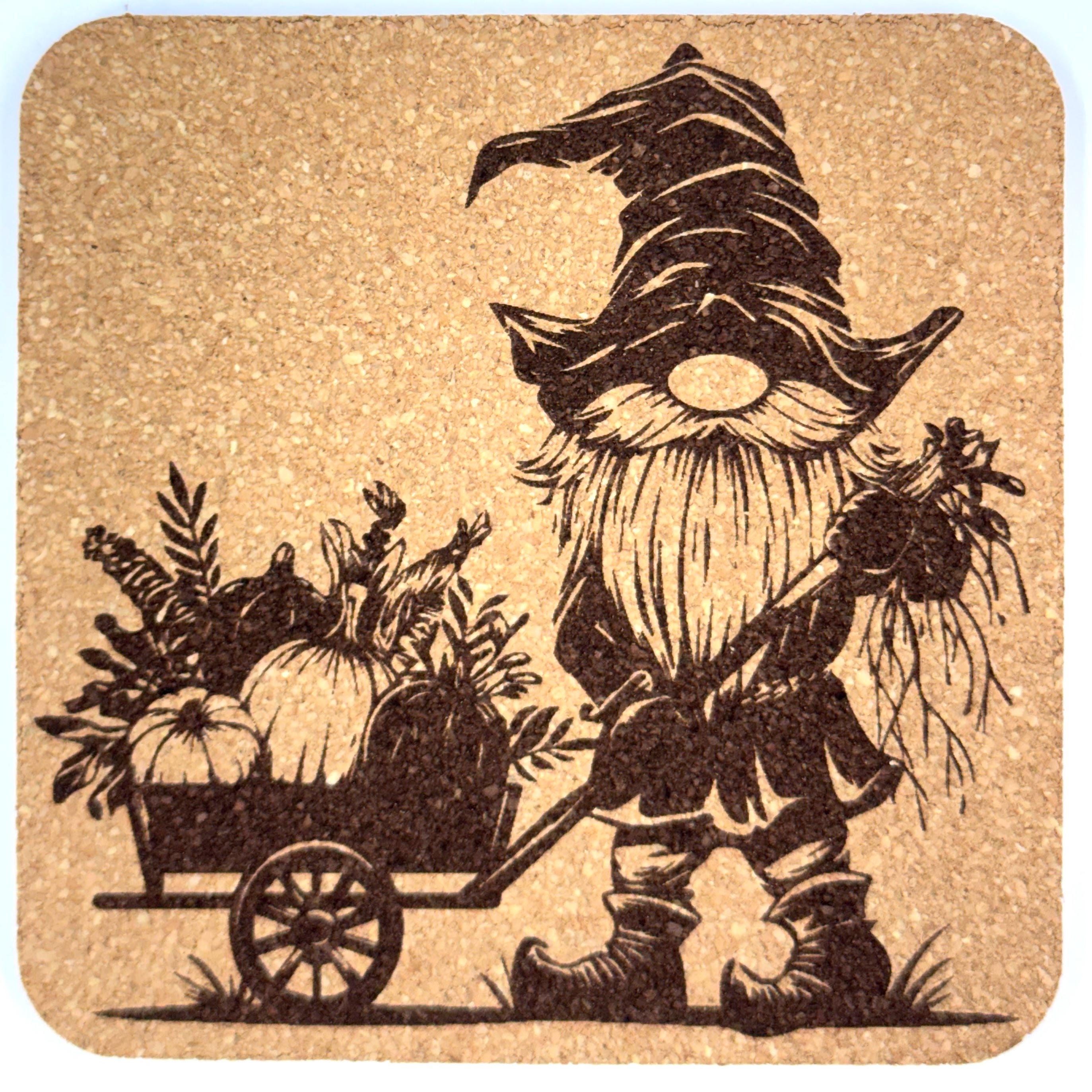 Garden Gnome Cork Coasters Set of 4 – Farming & Flower Cart Gnomes, Laser Engraved