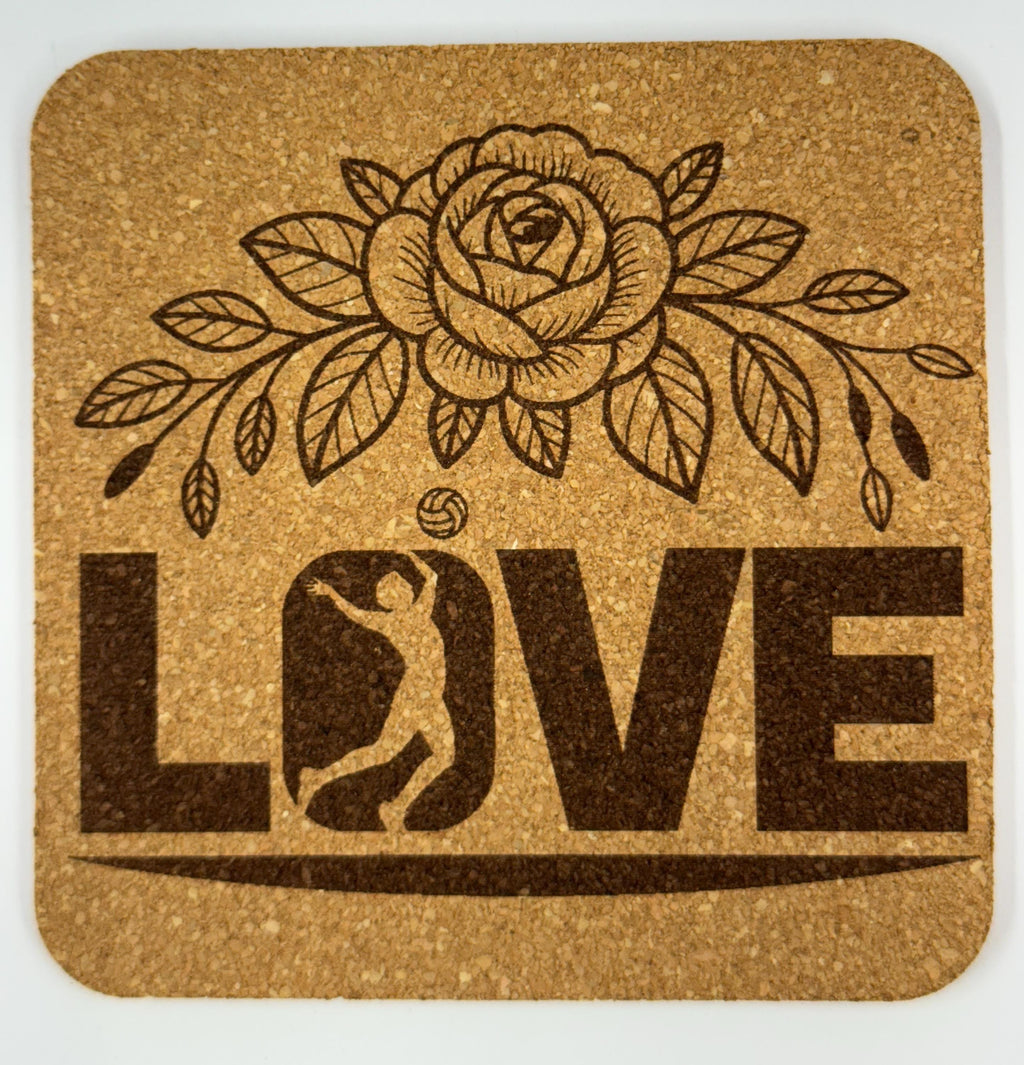 Volleyball Cork Coaster Set – Laser Engraved Sports Gift for Players, Coaches & Fans – 4-Pack