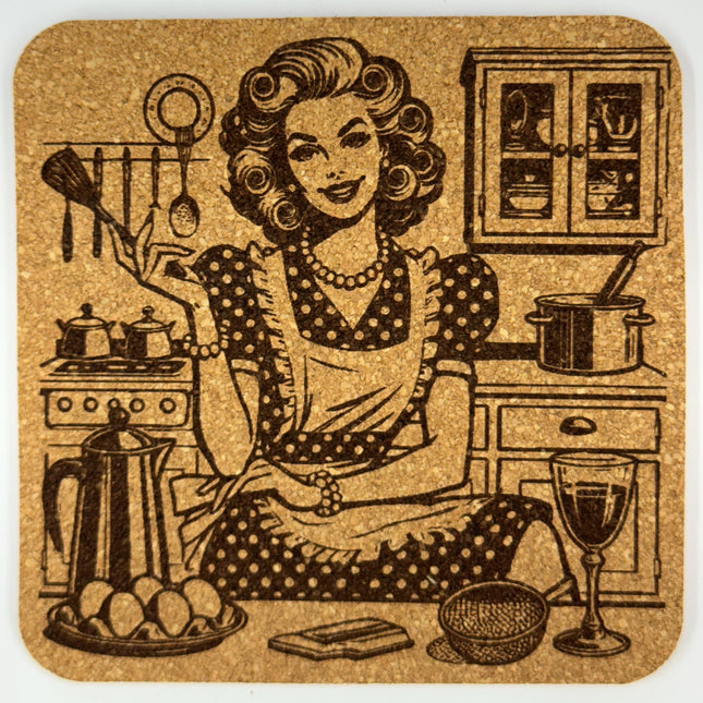 Retro Housewife Coaster Set – Vintage-Style 1950s Engraved Cork Coasters – 4-Pack